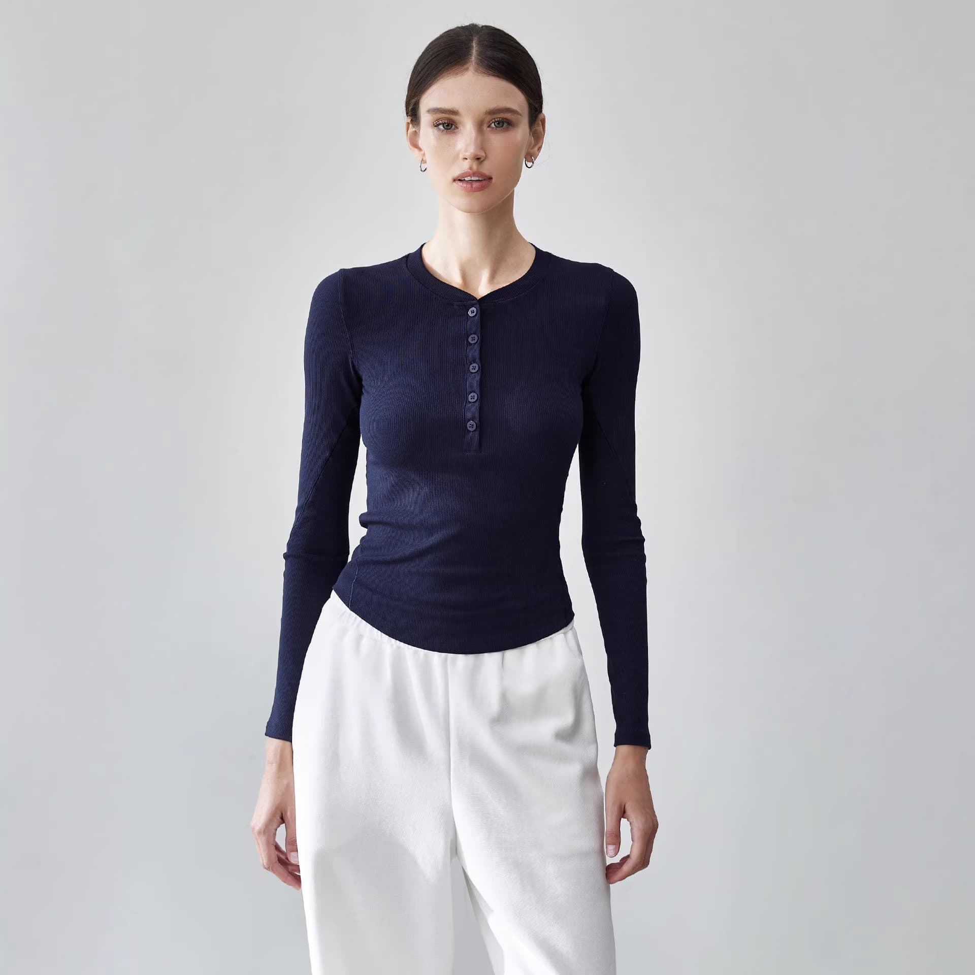 Lulu Women's Henley Long Sleeve Yoga T-Shirt, Round Neck, Versatile, Waist-Tightening, Slimming Inner Layer, Henley Neck