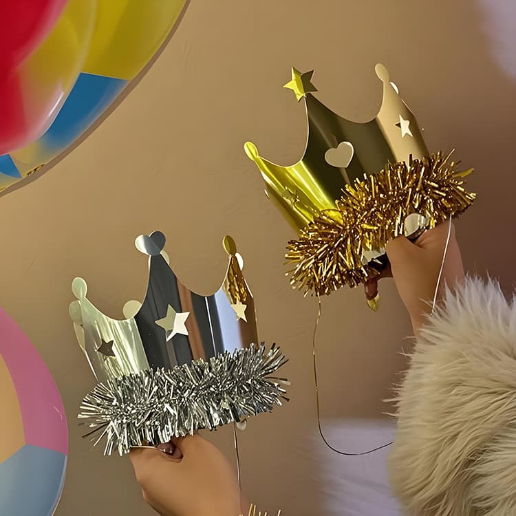 Trendy Gold and Silver Fringe Crown Birthday Hat for Kids and Adults Party Cake Decoration Paper Hat