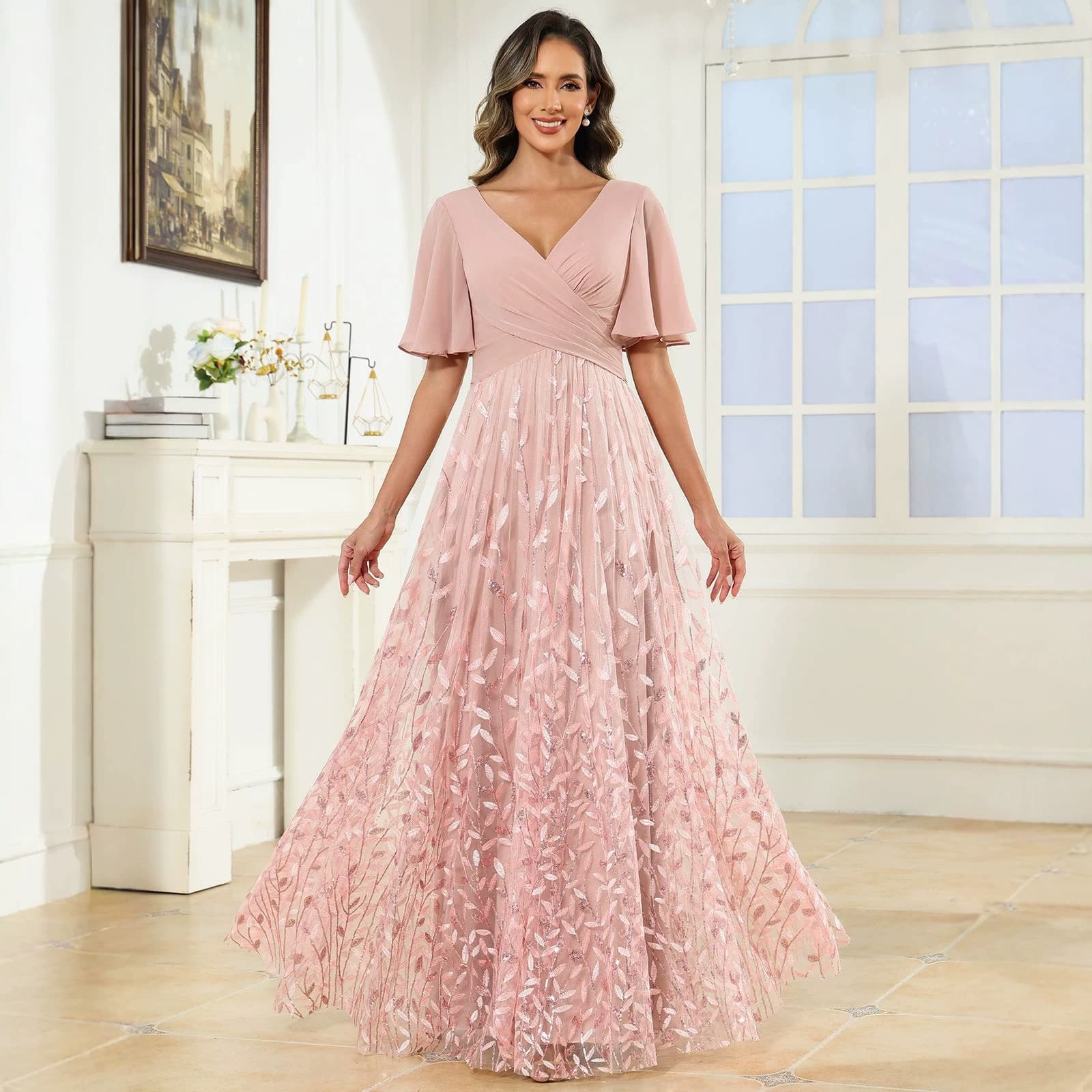 European and American cross-border dress 2026 new large size Amazon dress long dress V-neck sequined mesh evening dress slimming
