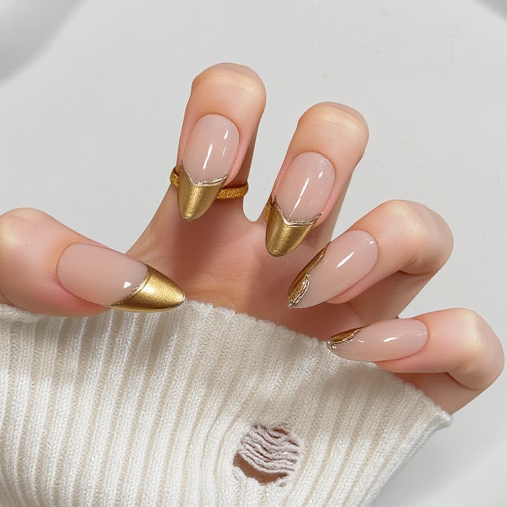 Cross-border wearable almond nails, high-end three-dimensional relief, irregular French gold edge manicure, wearable nails, wholesale