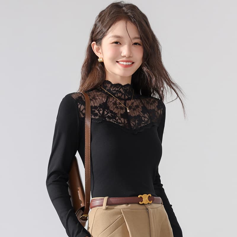 Lace Top Women Long Sleeve 2024 Autumn Winter New Plus Size Women's Half High Neck Mesh Inner Layering Base Tee Stylish Shirt
