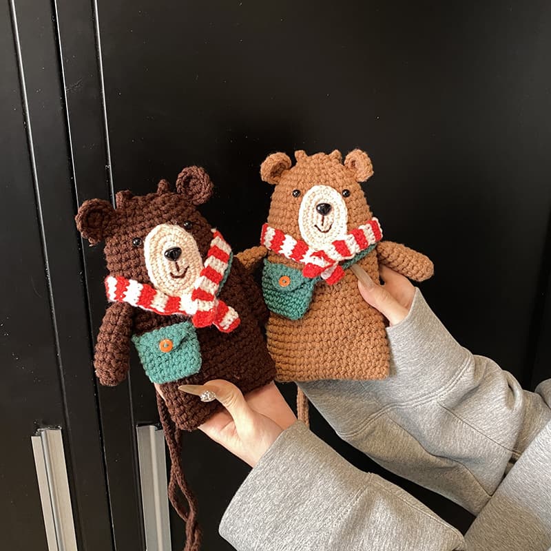 Cute Bear Yarn Bag Korean Style Handmade Crochet Bag Gift Scarf Bear Women's Phone Crossbody Bag