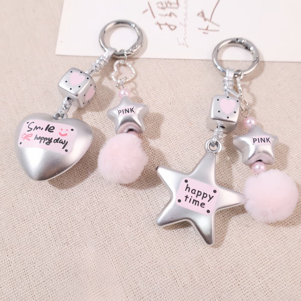 New Matte Silver Japanese and Korean Heart Pom-Pom Trendy Girl Color Bag Fashion Small Pendant Car Keychain Pendant