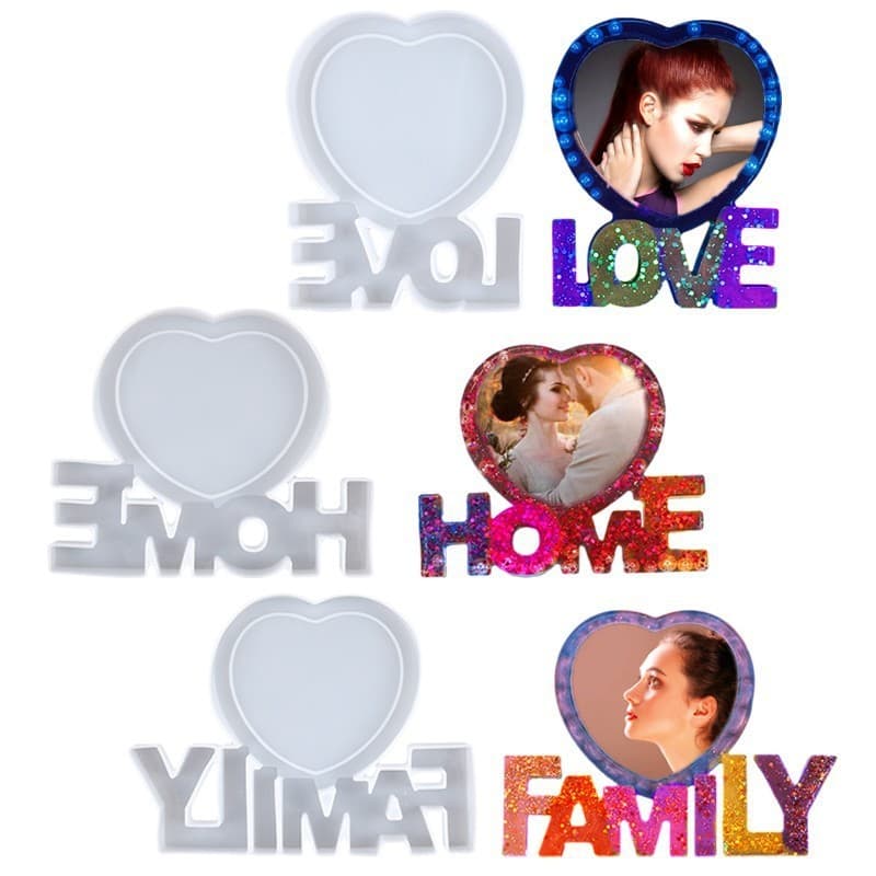 DIY Crystal Epoxy Resin Mold Heart Love Home Family 3D Photo Frame Display Stand Base Silicone Mold