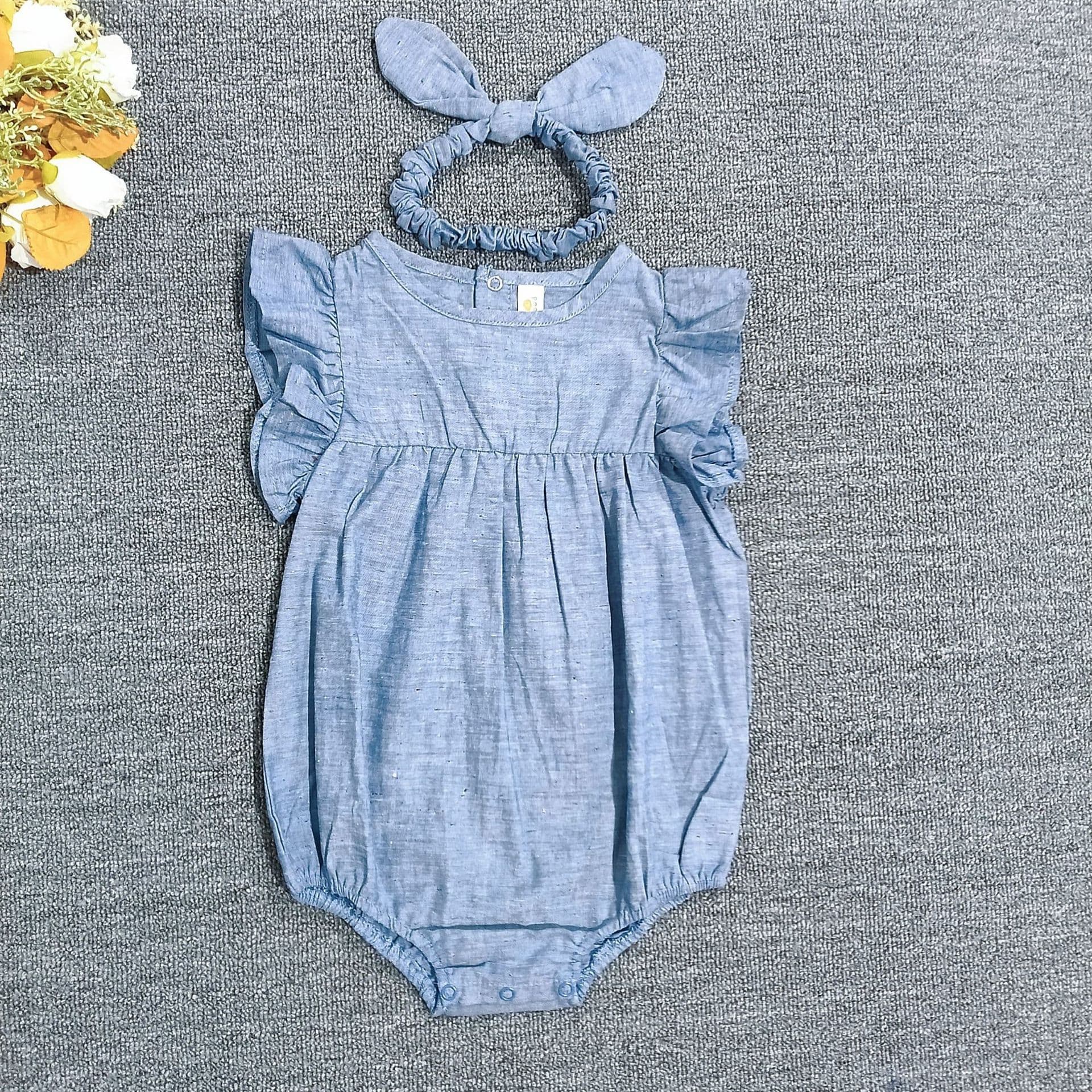 Original Baby Flutter Sleeve Bodysuit in Denim Blue with Ruffle Design and Rabbit Ear Headband for Baby Girls Summer Bodysuit