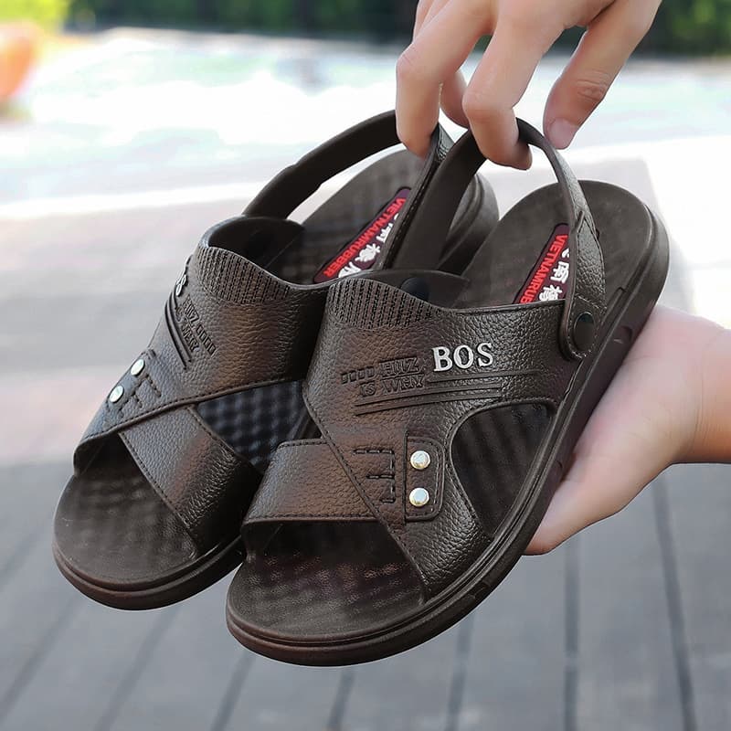 Men's Summer New Thick Sole Non-slip Durable Casual Beach Shoes PVC Outsole Leather Upper Comfortable Sandals