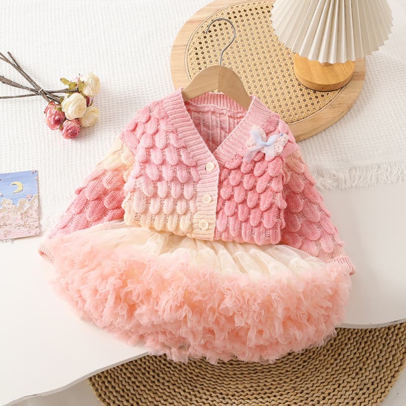 Korean-style Fashionable Colorful Cardigan Tutu Skirt, Gradient Cute Cardigan Suit Set, 3D Girl's Cardigan