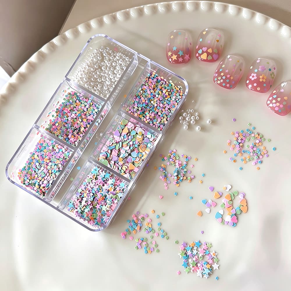 Cross-Border 6-Grid Dopamine Glitter Nail Art Decor Macaron Color Heart Star Glitter Pearl Nail Decoration