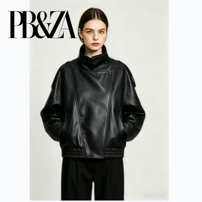 PB&ZA Fall Premium Stand Collar Asymmetrical Button Faux Leather Jacket Loose Oversized Street Style Women's Motorcycle Coat
