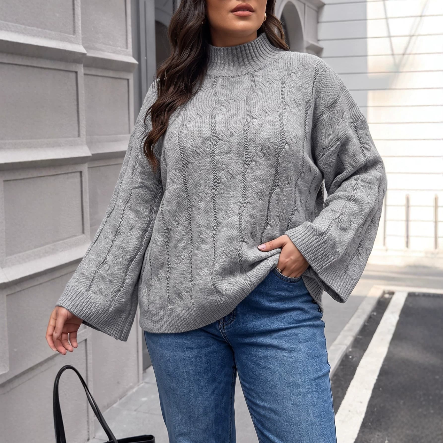 Cross-border European and American plus size women's autumn and winter women's sweaters loose pullover trumpet sleeves half turtleneck twist knitwear