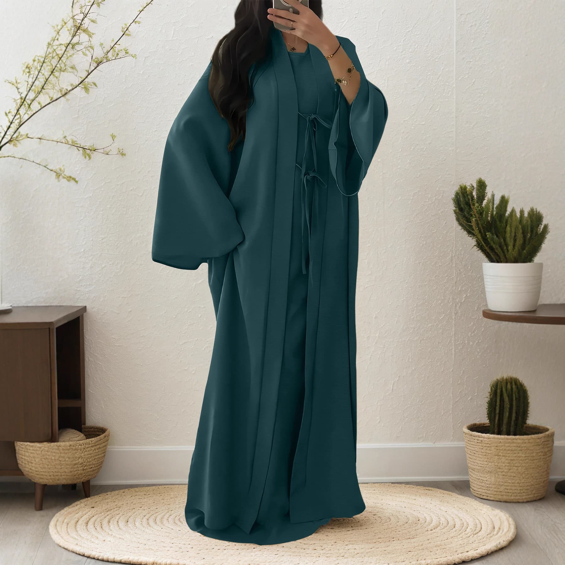 Amazon Hot Selling Abaya Set: Wide Sleeve Tie-Front Long Cardigan, Plus Size Loose Fit Two-Piece Set