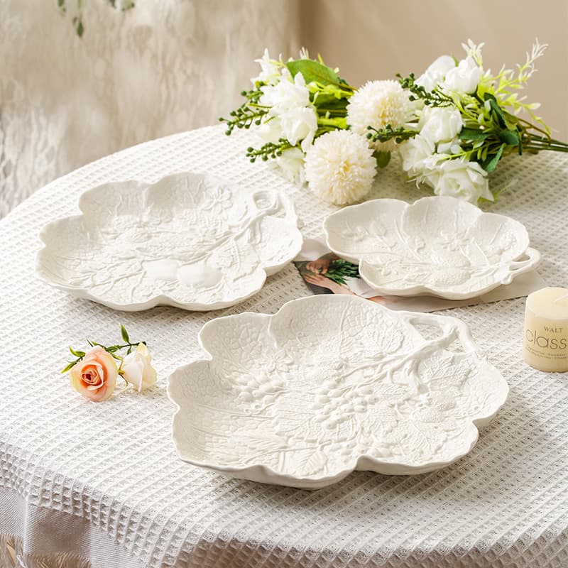 Embossed Ceramic Plate for Dessert, Cake, Fruit Salad, Breakfast, Vintage Western Pasta