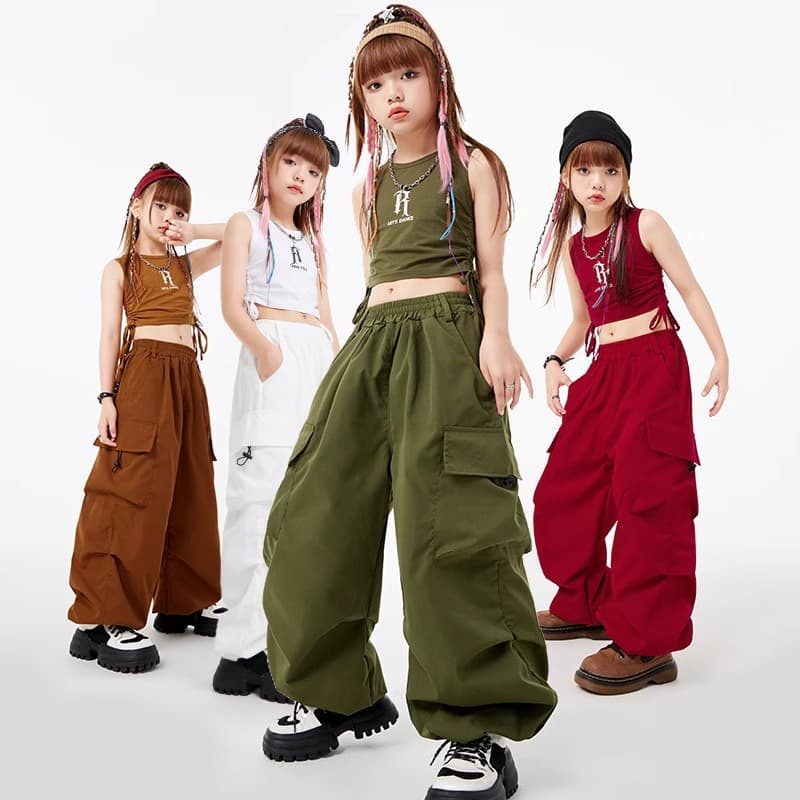Girls Jazz Dance Costume Cargo Pants Performance Suit Set Summer Kids Street Dance Hip Hop Jazz Outfit
