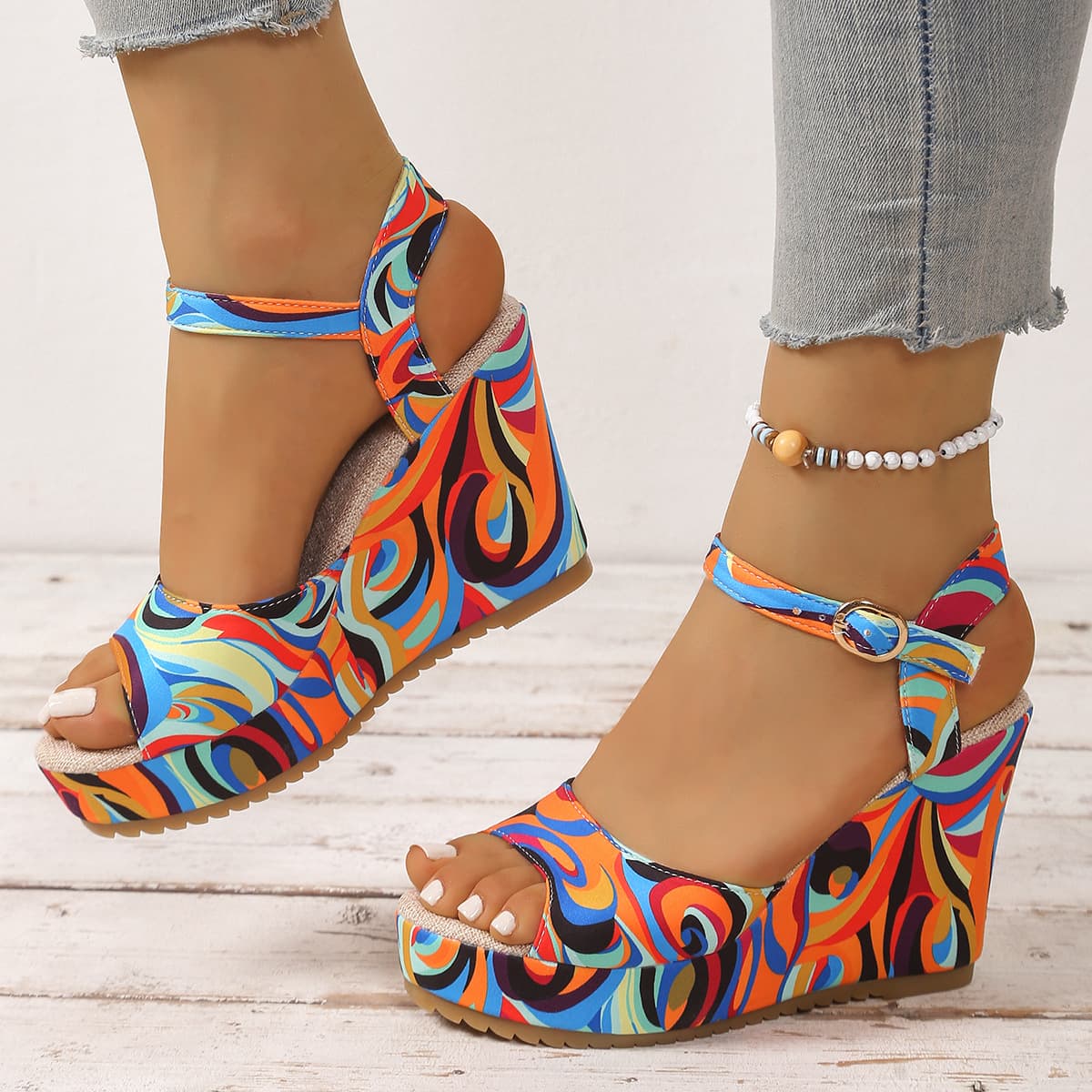 Wholesale Plus Size Colorful Sandals 2025 Winter New Fashion Buckle Strap Wedge Heel Women's Casual Sandals European and American Style