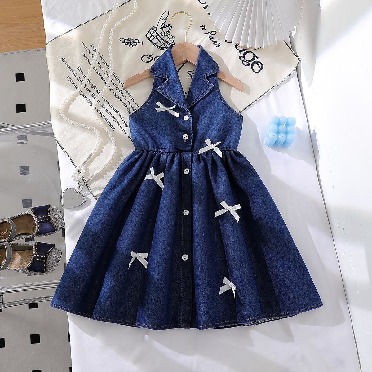 2026 cross-border new style European and American style girls halterneck denim lapel dress denim bow dress