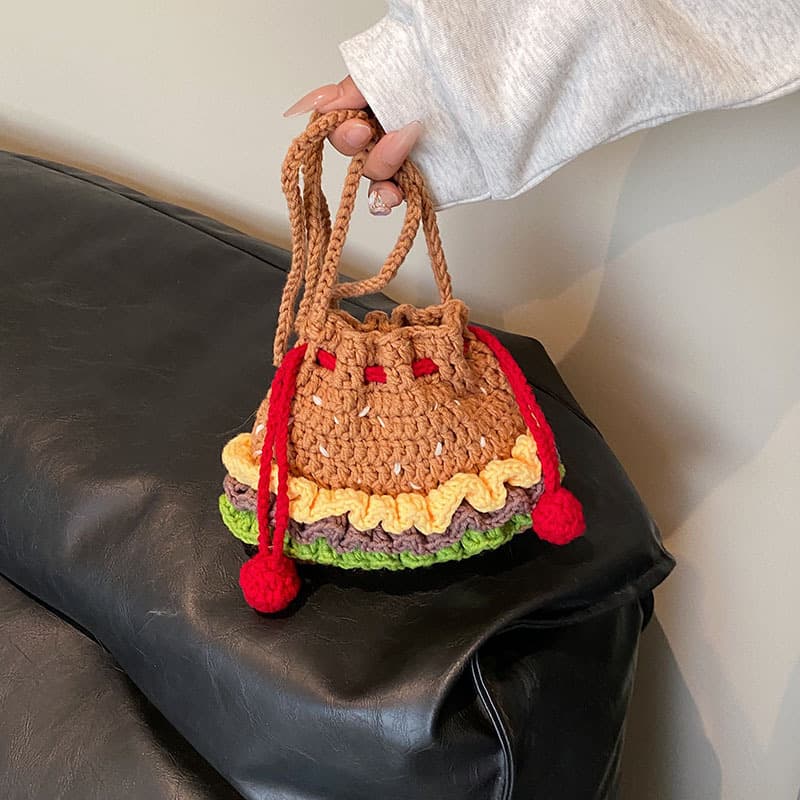 Knitted Yarn Bag, Internet-Famous Hamburger Design, Styling Accessory Bag, Parent-Child Bag, Crossbody Bag for Boys and Girls