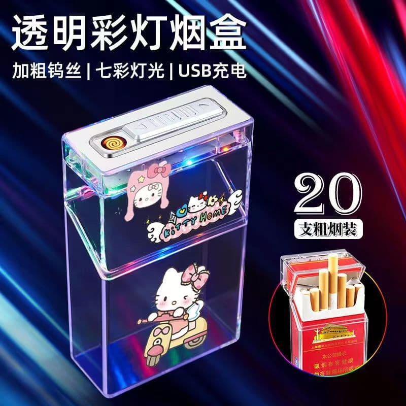 Viral cartoon transparent charging cigarette case with integrated lighter, 20-piece whole-pack flip-top creative cigarette shell, gift for boyfriend.