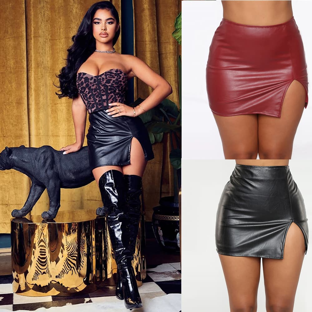 AliExpress Wish European and American Women's Skirt Cross-Border High Waist Hip Skirt Nightclub PU Leather Zipper Sexy Black Leather Skirt