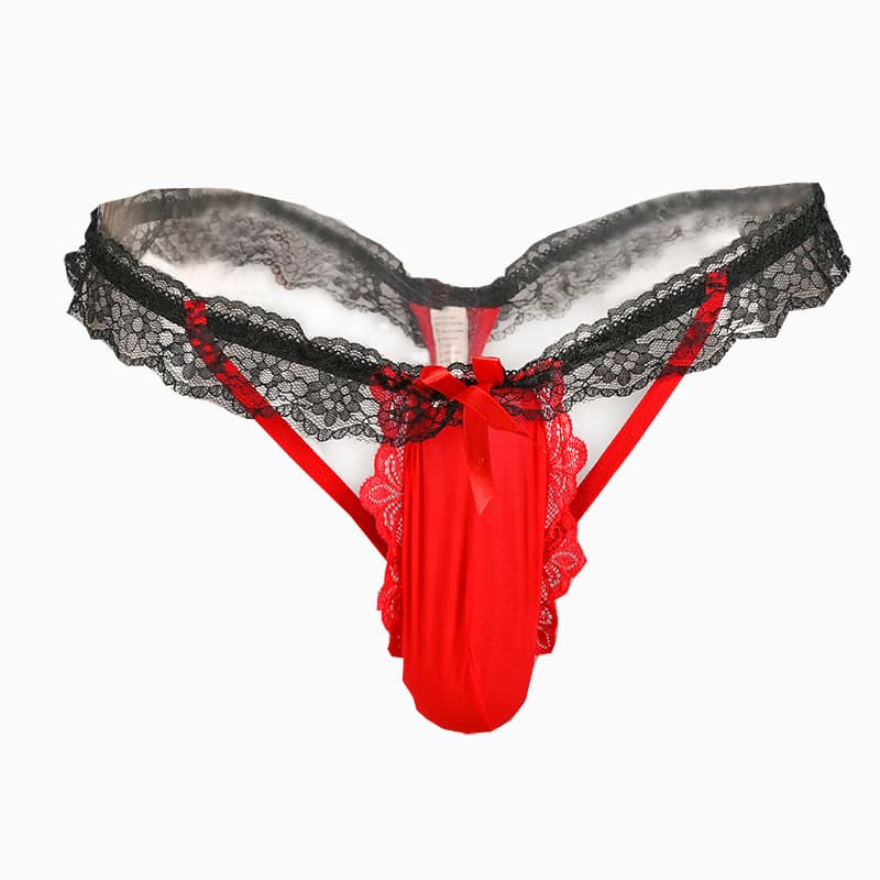 2024 New Full Ball Coverage Men's Lace Sexy Thong, Hollow Elastic T-Back, Seductive JJ Sleeve, Color Block Erotic