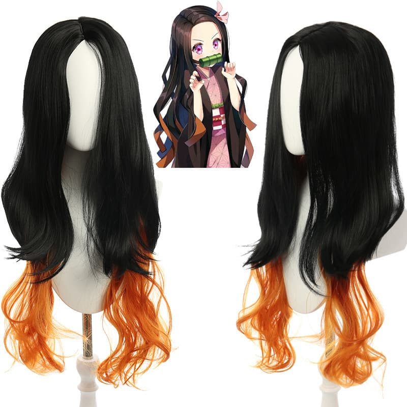 Halloween Wig Demon Slayer Anime Cosplay Natural Black Gradient Hair Color Yellow Slightly Curly Long Curly Wig