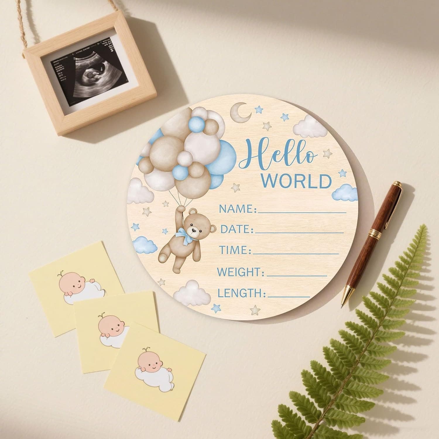 Cross-border Baby Shower Hello World Newborn Sign Blue Teddy Bear Baby Growth Wooden Souvenir