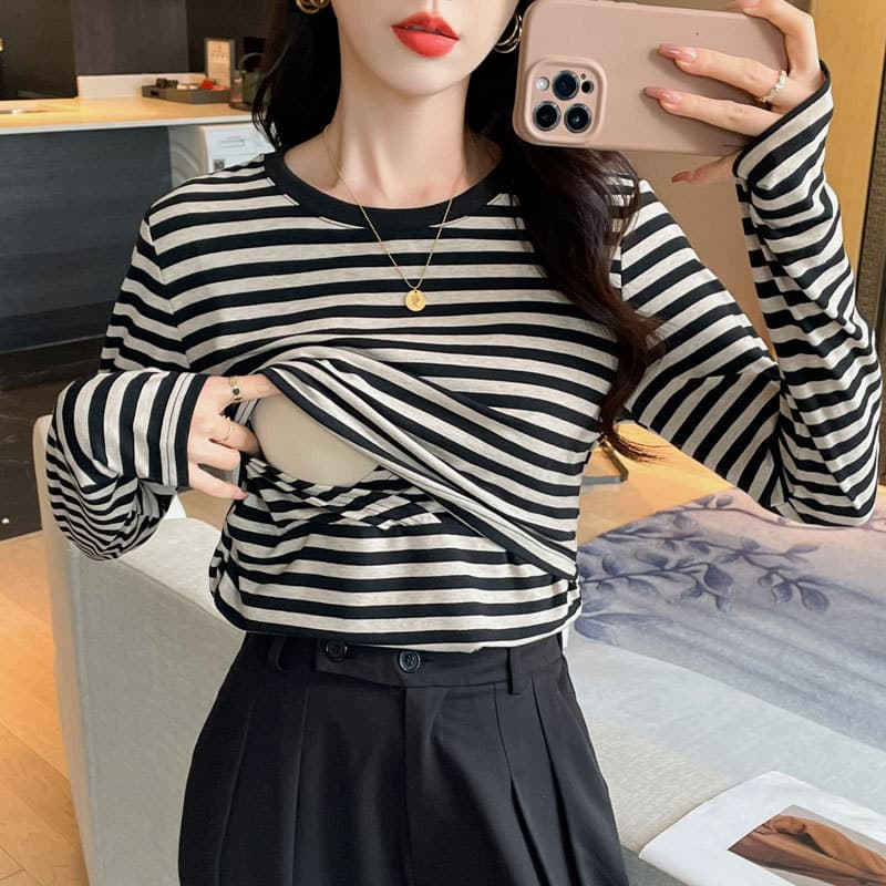 Real shot versatile 2026 spring nursing T-shirt postpartum period striped temperament nursing bottoming top with gloves