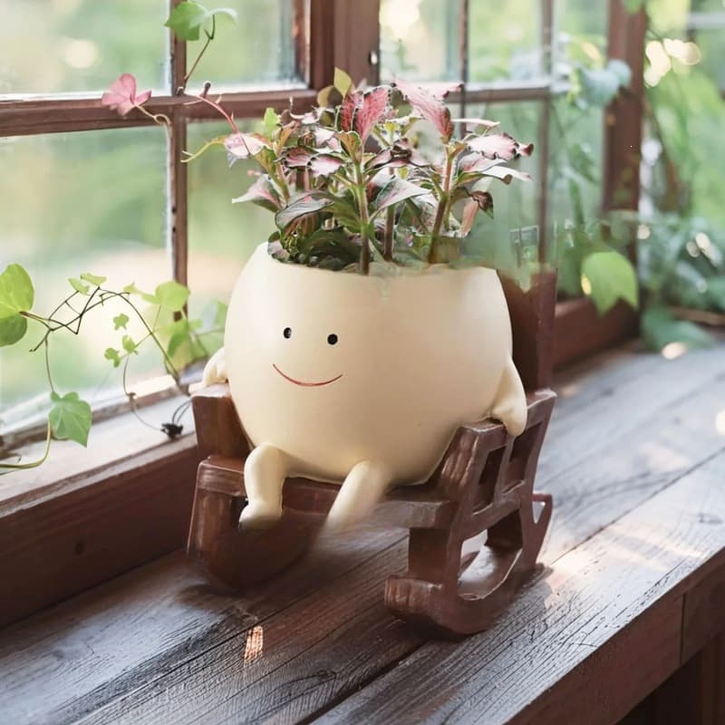 Rocking Chair Smiley Creative Small Flower Pot, Cute Succulent Planter for Balcony, Indoor, Courtyard, High-Aesthetic Durable Garden Pot Decoration