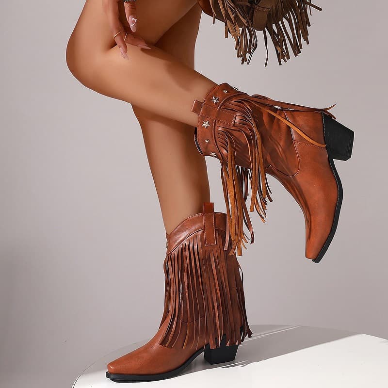 European American Fashion Plus Size Pointed Toe Slip-on Chunky High Heel Leather Boots, Fringe Ankle Boots for Women