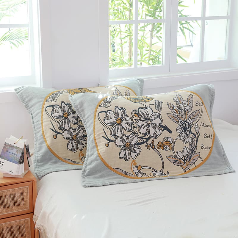 Wholesale cross-border cotton pillowcases, 2022 summer new style five-layer gauze pure cotton Chinese style sweat-absorbent pillowcases.