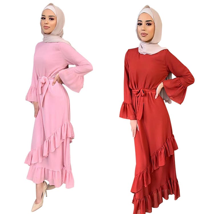 Elegant European Style Women's Long Skirt with Pleats And Chiffon Splicing Ideal for Worship And Malay Costume Occasions