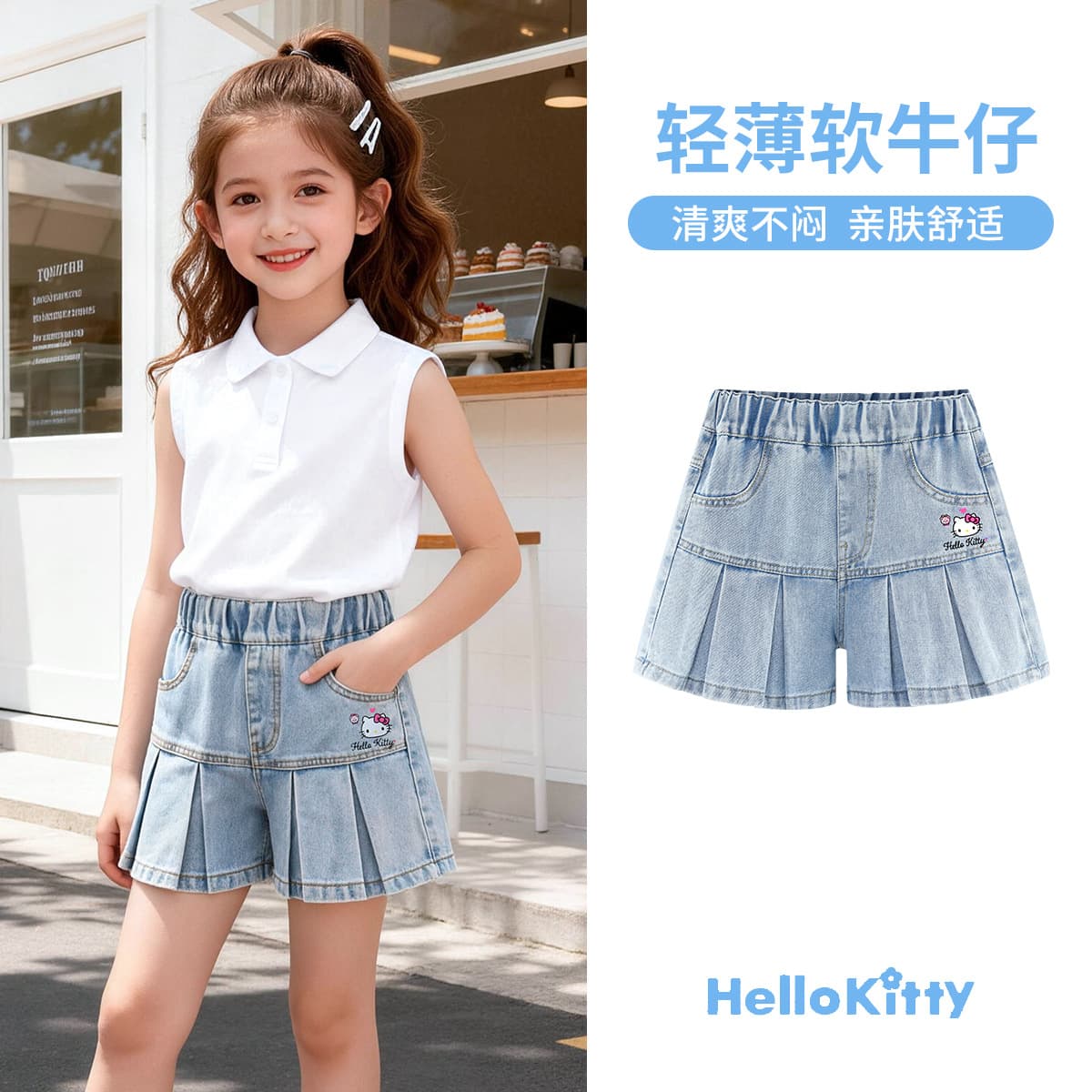 Hello Kitty Girls Summer Casual Shorts Outer Wear Mid-Length Skirt Shorts Denim Thin Comfortable
