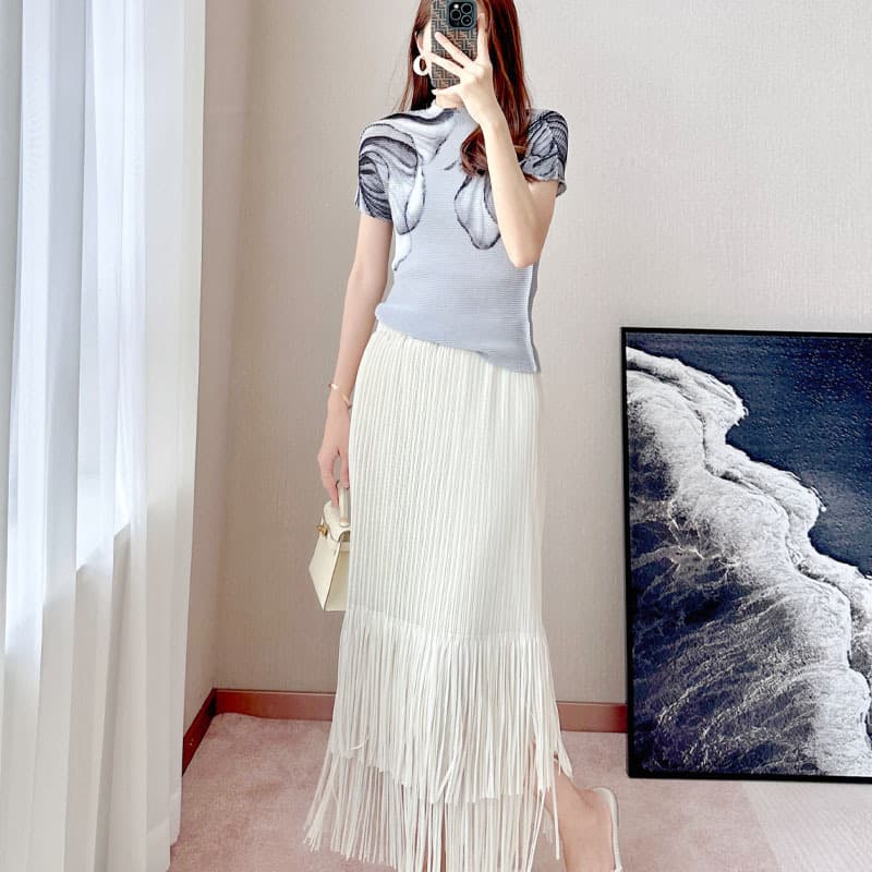 Women's High Waist Shaping High Elasticity Tassel Midi Skirt 3D Pleated Wrap Skirt Polyester Fabric