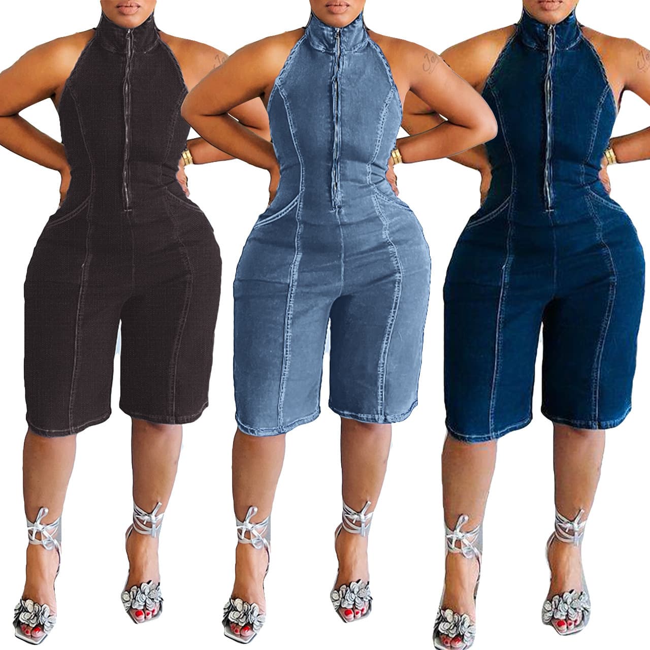 2024 New Women's Halter Backless Sleeveless Jumpsuit with Zipper Backless Design Stretch Denim Bodysuit