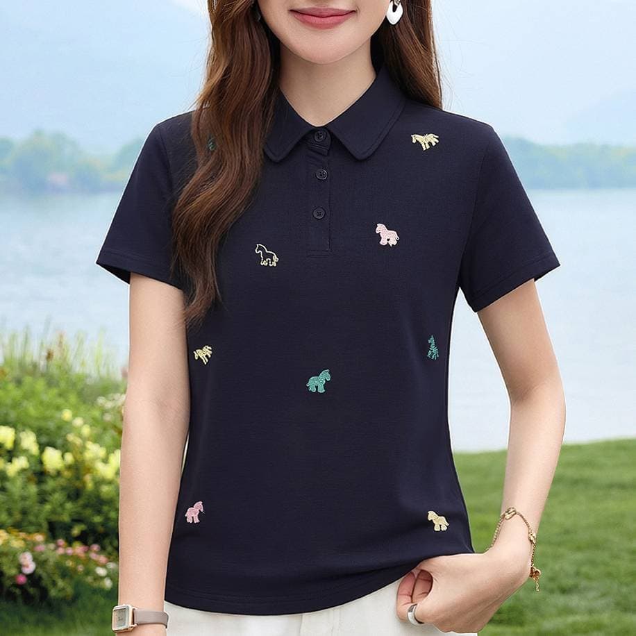 Navy Blue Little Horse Embroidery Polo Shirt for Women 2026 Summer Turn-down Collar Short Sleeve Elegant Slim Fit Middle-aged Mother Top