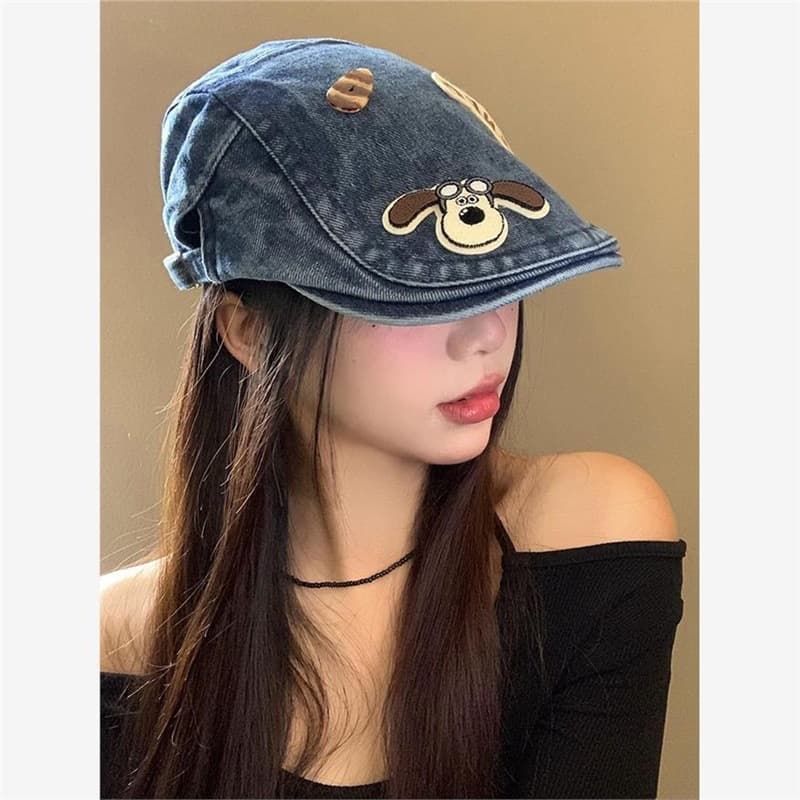 Dog Button Denim Forward Hat Women's Spring Summer Washed Vintage Beret Large Head Size Face Slimming Hat Trendy