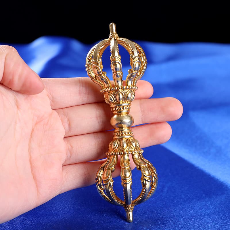 Nepalese craft thick brass nine-pronged Vajra pestle ritual implement with carved lotus, Tibetan demon-subduing ornament