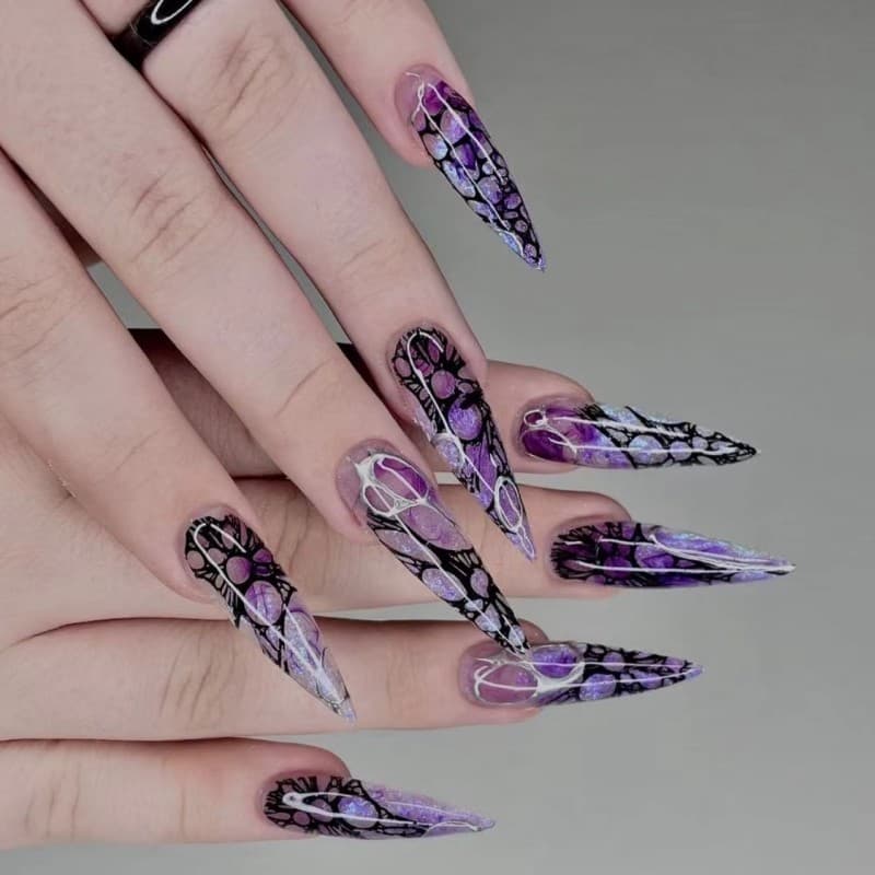 Sweet & Cool Spicy Girl Spider Web Mesh Ice Transparent European American Press on Nails False Nails Manicure JD11