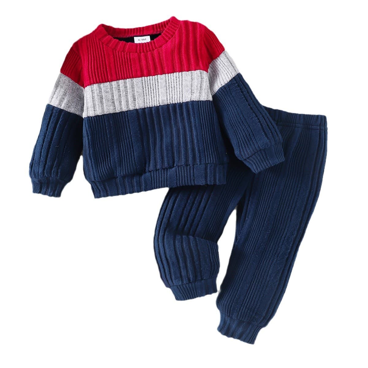 Children's Clothing Top + Pants Set, Infant Long-Sleeve Color-Block Top + Solid Color Pants