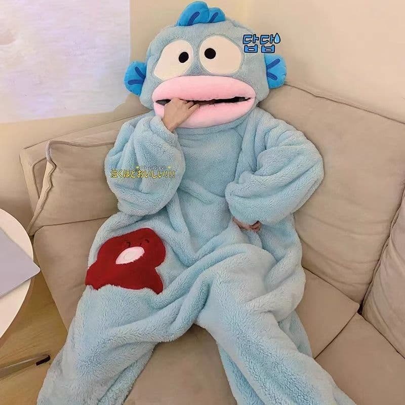 Cute Cartoon Funny Hamton Ugly Fish Onesie Couples Pajamas Men Women Winter Plush Thickened Coral Fleece Homewear