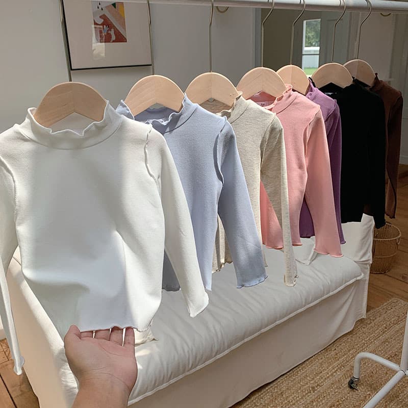 Korean-style solid color ruffle collar base shirt women baby stylish versatile long-sleeve T-shirt sweet semi-high neck inner wear