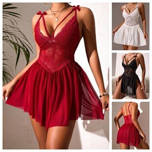 Sexy Deep V Lingerie Sleepwear for Women, New Mesh Lace Nightgown with Adjustable Straps, Waist-Cinching See-Through Slip Dress