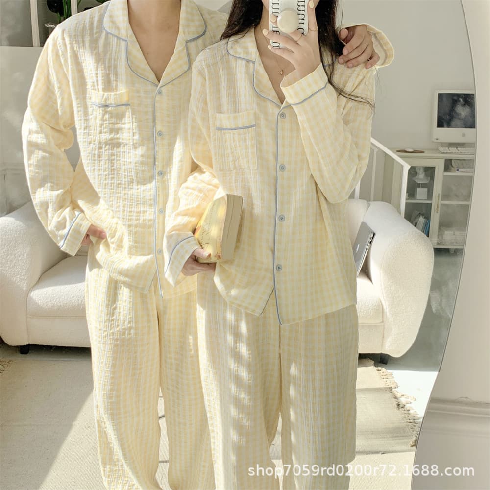 Spring Autumn Japanese Ins Contrast Plaid Couple Pajamas Women Simple Wearable Cute Long Sleeve Homewear Men Set