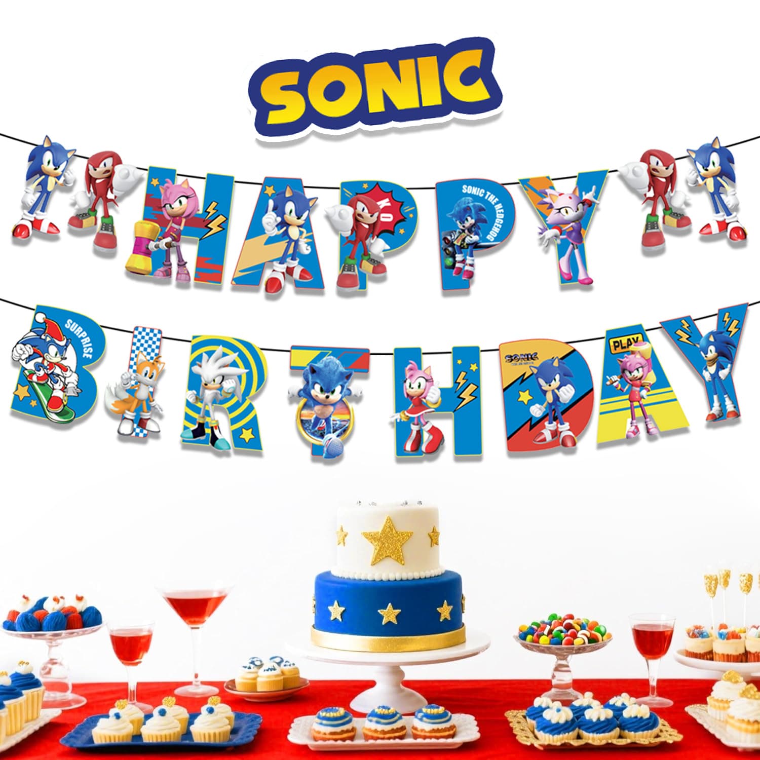 Cartoon Sonic Theme Happy Birthday Letter Banner for Kids Birthday Party Decoration and Background Wall Setup