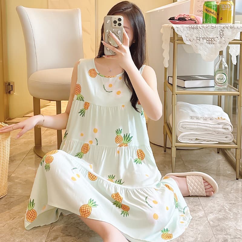 New Cotton Silk Nightgown for Women Summer Thin Plus Size Printed Pajama Homewear Sleeveless Rayon Nightgown