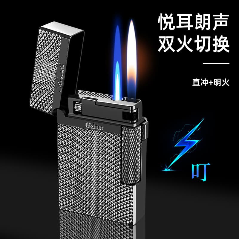 Metal Plaid Loud Lighter Dual Flame Switchable Direct Jet and Soft Flame Refillable Men's Textured Gift Lighter
