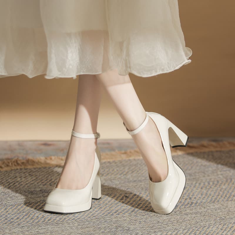 Platform High Heels Women Chunky Heel Mary Jane Square Toe 2025 Versatile New Spring Single Strap Patent Leather Pumps Women