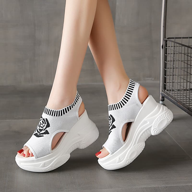 Women's Summer Fashion Large Size Platform Fly Knit Fish Mouth Toe Casual Sandals Thick Bottom Roman Style Shoes