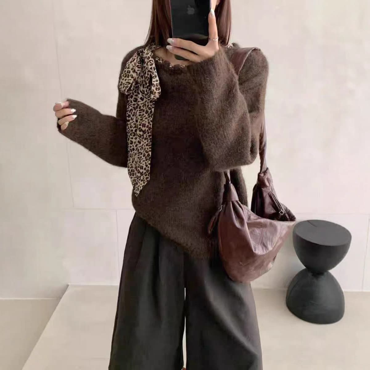 Korean-style Leopard Print Ribbon Design 2025 Autumn/Winter New Soft Tie-shoulder Lazy Style Knit Top for Women