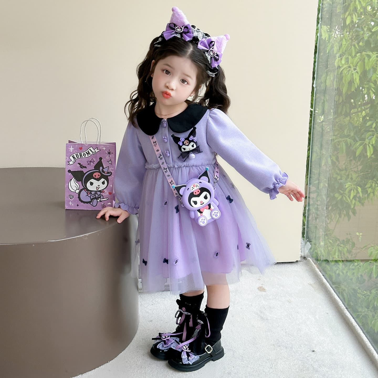 Girls Fashionable Spring Autumn Long Sleeve Tulle Kuromi Dress Baby 2025 New Princess Dress Autumn