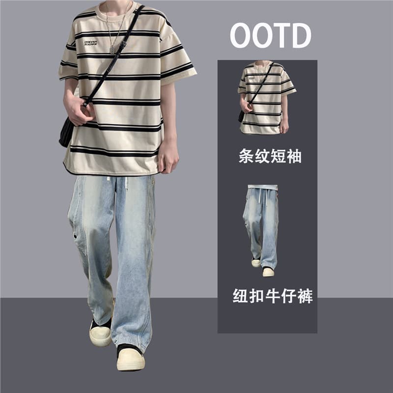Men's Striped Short Sleeve T-Shirt and Jeans Two-Piece Set, Summer Hong Kong Style Casual Textured Suit for Teens and Middle School Students